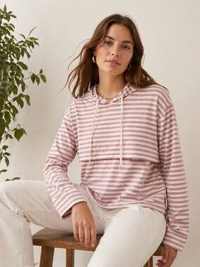 Ginkana Nursing Hooded Long-Sleeve Top Pink Stripes Size Large Maternity